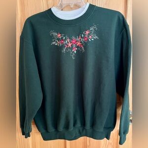 VTG Morning Sun Embroidered Poinsettia Sweatshirt | Green Mock Neck Grandma 2XL